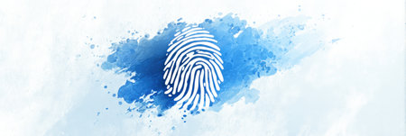 Stylized fingerprint graphic set against a soft blue watercolor background emphasizes themes of identity and security in a contemporary design styleの素材