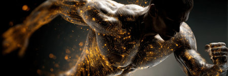 A powerful figure is captured in mid-run, showing intricate glowing circuitry patterns that symbolize the fusion of strength and technology.の素材