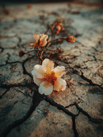Delicate white flowers emerge from cracked dry earth, illuminated by warm sunlight.の素材