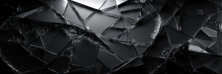 Fragments of black glass scatter across a dark background, creating a dynamic interplay of light and shadow with sharp edges and jagged shapes.の素材