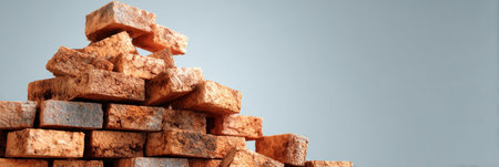 A varied pile of bricks rests against a simple background, highlighting their unique textures and earthy tones while capturing an organic arrangement.の素材