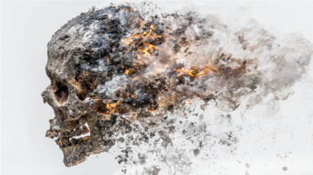 A skull appears to be engulfed in fire and smoke, creating a striking visual contrast between the solid structure and the flowing elements.の素材