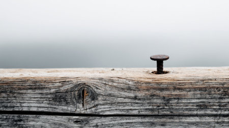 Rustic wooden plank showcases a rusty nail protruding from its surface, creating a textured focal point against a soft, blurred backdrop.の素材