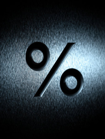 A sleek metallic percentage symbol stands out against a dark textured surface, highlighted by subtle light reflections that enhance its appearance.の素材