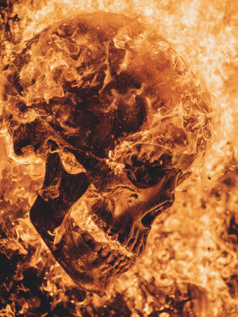 A dramatic skull takes center stage as it is engulfed by roaring flames, creating a powerful and captivating scene that evokes strong emotions.の素材
