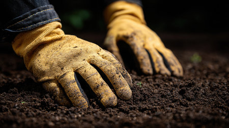 Hands in yellow gloves dig into dark, fertile soil as a gardener prepares a garden bed for planting. The sunlight illuminates the focused effort in the task.の素材