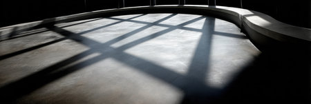 Natural light casts intricate shadows on a curved concrete surface in a dimly lit space, creating a striking visual effect during midday.の素材