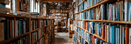 Rows of bookshelves filled with various colorful books create a cozy atmosphere in a library lit by natural daylight, inviting readers to explore.の素材