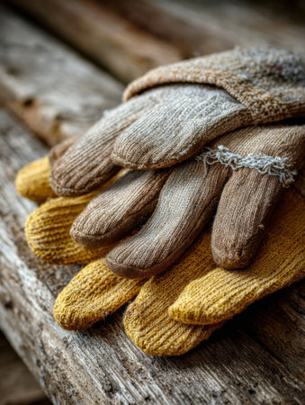 Pair of old work gloves rests on a rough wooden surface, displaying signs of use that reflect hard work and dedication to craftsmanship.の素材