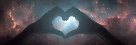 Two hands create a heart shape in front of a vibrant cosmic scene filled with stars and swirling nebulae, showing beauty and connection in the universe.の素材