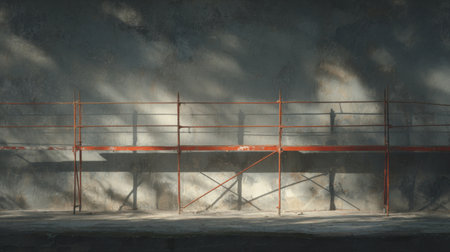 Scaffolding stands against a weathered wall, capturing soft light and shadows during late afternoon, creating a serene and artistic atmosphere.の素材