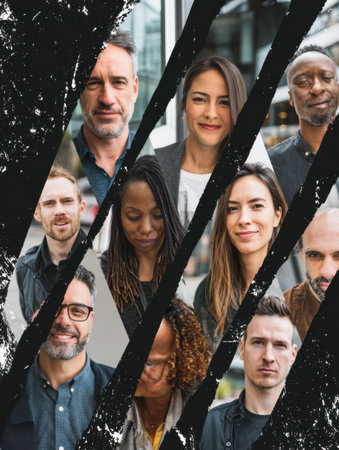 A collection of smiling faces reflects unity and diversity in a lively outdoor urban environment during daytime, highlighting various emotions and styles.の素材