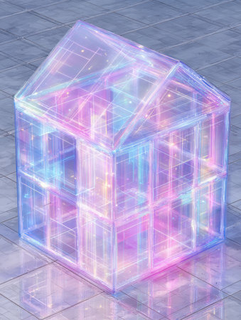 A unique, translucent house structure emits colorful lights, creating a magical atmosphere in a futuristic environment at dusk.の素材