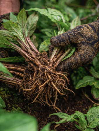 A hand in a glove grips the roots of freshly harvested herbs, surrounded by vibrant green foliage in a garden during early morning.の素材