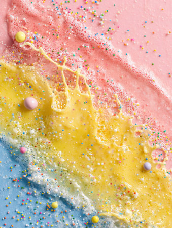 A bright and cheerful foam blend in shades of pink, yellow, and blue, adorned with colorful sprinkles and small candies, evokes a fun atmosphere.の素材