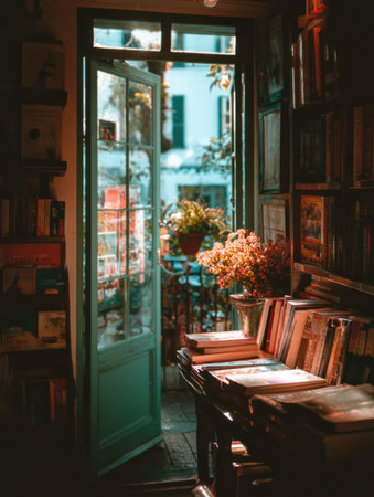 An inviting entrance to a cozy bookshop reveals colorful flowers and shelves lined with books, creating a warm and welcoming atmosphere in the city.の素材