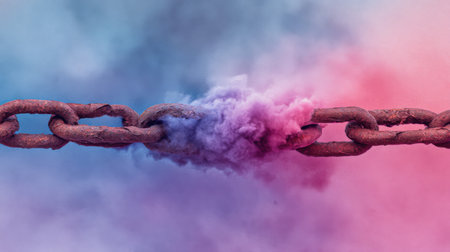 A rusted chain breaks apart, releasing vibrant purple, pink, and blue smoke, symbolizing change and liberation, against a colorful background.の素材