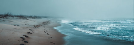 Footprints line the sandy shore while gentle waves wash up on a calm beach during a misty morning, creating a serene and tranquil atmosphere.の素材