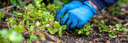 A person wearing blue gloves carefully harvests vibrant greens from the soil in a thriving garden, showing a connection to nature and sustainable practices.の素材
