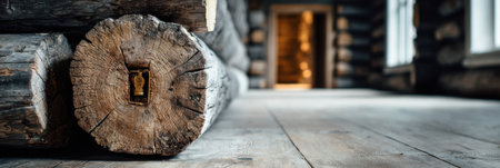 This space showcases the warm tones of wooden logs and flooring, featuring a doorway that opens into a cozy area, ideal for relaxation.の素材