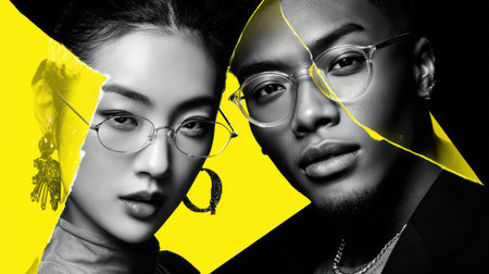 Two fashion-forward individuals pose confidently in glasses, set against a striking yellow background that enhances their bold style and artistic flair.の素材
