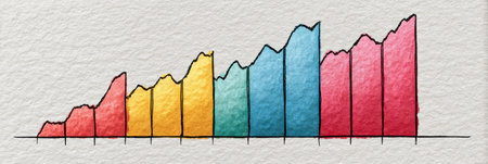 A vibrant line shows chart growth trends over time in bright colors like yellow, blue, and pink, indicating positive changes.の素材