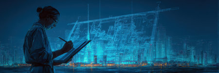 A person in a white coat sketches architectural plans with a glowing city skyline in the background during the evening, highlighting creativity and vision.の素材