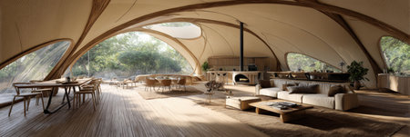 Spacious interior showcases a blend of natural elements and modern design, with large windows offering views of lush greenery and a welcoming atmosphere.の素材