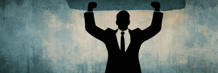 A suited professional lifts a heavy object above his head, embodying strength against a textured backdrop of resilience and determination.の素材