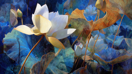Delicate white lotus flowers rise gracefully above lush green leaves, set against a backdrop of deep blue and warm earthy colors on a bright day.の素材