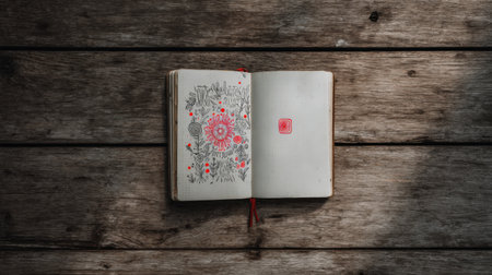 A sketchbook lies open on a wooden table, featuring colorful floral designs surrounded by intricate patterns, illuminated by soft, natural light.の素材