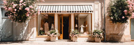 A lovely boutique features a striped awning and vibrant flowers adorning its entrance, creating an inviting atmosphere on a sunny day.の素材