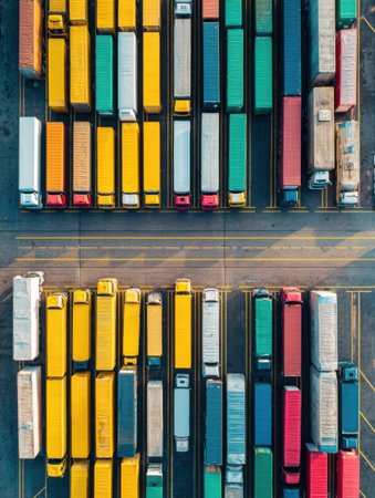Overhead view of neatly arranged shipping containers in various colors at a logistics yard, showcasing efficiency and organization during daytime.の素材