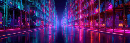 Inside a neon-lit warehouse, colorful lights illuminate rows of shelves, creating a captivating and futuristic scene filled with reflections.の素材
