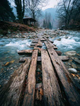 A rustic wooden bridge crosses a fast-flowing river in a tranquil mountain setting. The scene captures the beauty of nature in cool, misty conditions.の素材