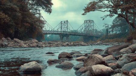 Rustic bridge crosses a calm river, framed by vibrant trees under a moody sky, creating a peaceful and picturesque scene in nature.の素材