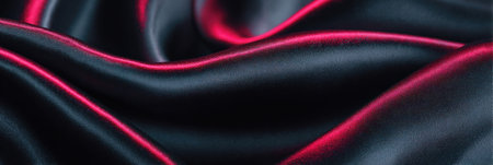 Soft and luxurious satin fabric featuring deep black and vibrant red hues. Ideal for creating stunning garments or decorative items, showing elegance.の素材