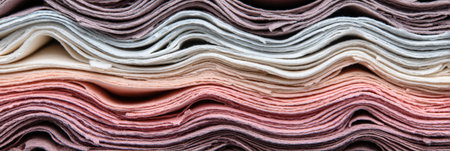 Colorful sheets of paper are layered in a wavy manner, displaying a gradient of colors from soft pastels to deeper tones, highlighting their texture.の素材