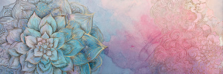 Delicate floral patterns blend with soft pastel colors in a tranquil setting, creating a serene composition filled with artistry and elegance.の素材