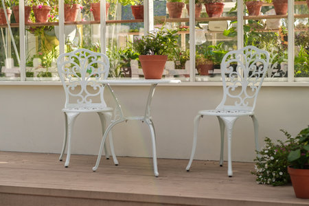 Two white metal chairs and a small table sit on a wooden deck, surrounded by a variety of plants in pots on a sunny day.の写真素材