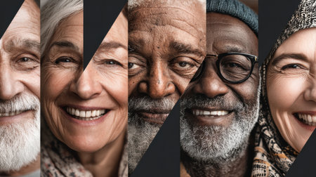A group of seniors with cheerful expressions showcases joy and connection, highlighting the beauty of aging and shared experiences in a friendly atmosphere.の素材