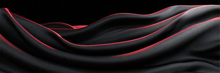 Black fabric undulates gracefully with striking red accents, creating a captivating visual effect that suggests movement and depth against a dark background.の素材