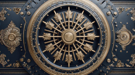 Intricate design of a central medallion surrounded by detailed gold embellishments in a stylish room, highlighting artistic talent and historical influences.の素材