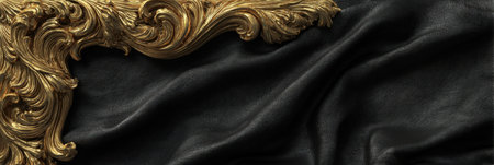 An ornate gold frame rests on luxurious black fabric, showing intricate design details and texture, highlighting artistry in a simple yet elegant display.の素材