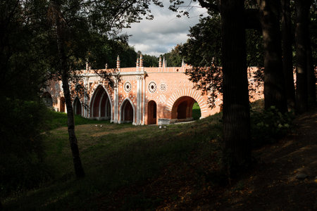 At Tsaritsyno Park, a striking historic bridge stands amidst trees, showing off its unique design...