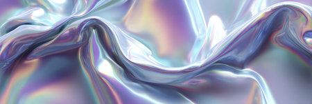 The scene features a smooth, flowing fabric with iridescent colors reflecting light, enhancing the visual appeal with dynamic folds and textures.の素材