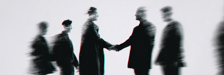 Two figures are engaged in a handshake, symbolizing connection, with blurred silhouettes of others in the background, creating an abstract urban atmosphere.の素材