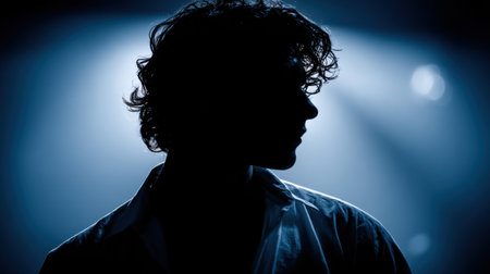 A person with curly hair is featured in silhouette against a backdrop of dramatic lighting, creating a moody and artistic atmosphere during an event.の素材