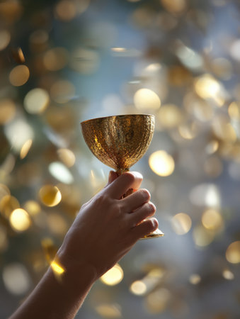 A hand raises a glaming golden cup surrounded by sparkling confetti, capturing a joyful celebration atmosphere filled with excitement and cheer.の素材
