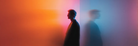 A person stands in profile against a colorful background featuring shades of orange and blue, creating an atmospheric and artistic effect.の素材